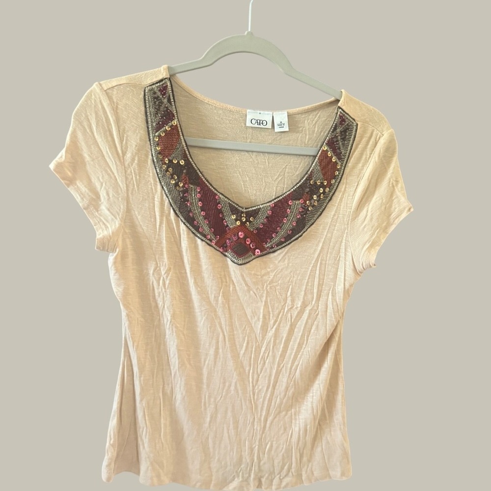 Cato Boho Tan Beige Embellished Scoop Neck‎ Short Sleeve Slub Knit Top Size M